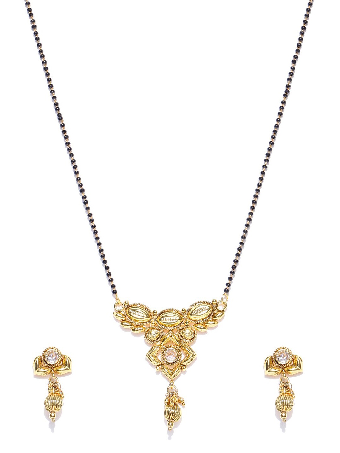 Priyaasi Gold-Plated Black & Beige Stone-Studded & Beaded Mangalsutra With Earrings
Priyaasi Gold-Plated Black & Beige Stone-Studded & Beaded Mangalsutra With Earrings