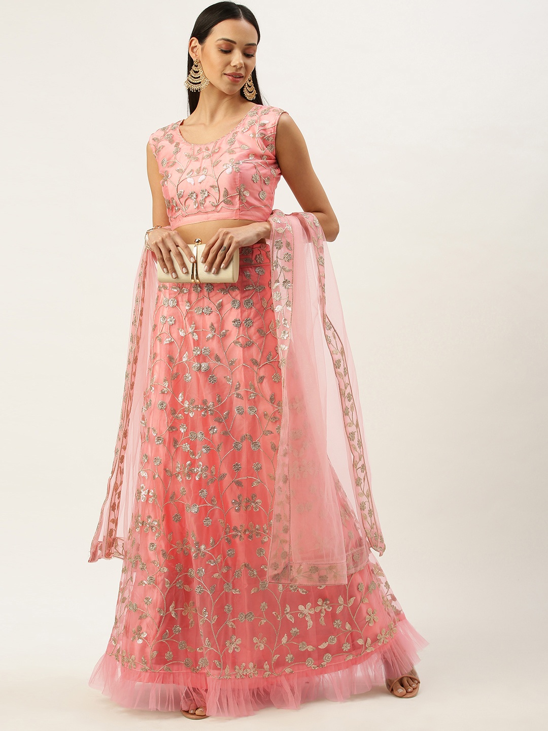 Mameraa Pink & Gold-Toned Embroidered Semi-Stitched Lehenga & Unstitched Blouse With Dupatta
Mameraa Pink & Gold-Toned Embroidered Semi-Stitched Lehenga & Unstitched Blouse With Dupatta