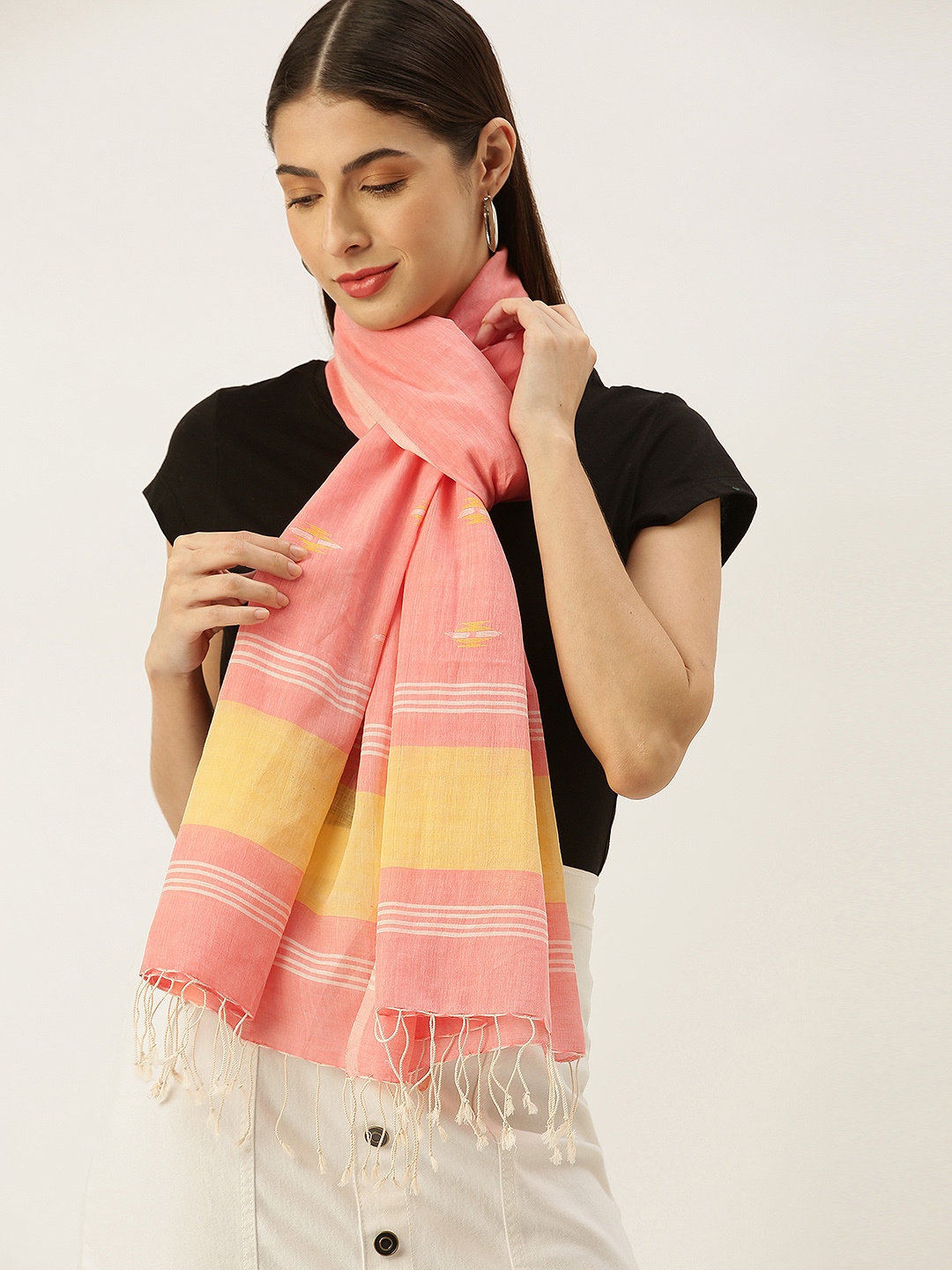 ArtEastri Women Pink Woven Design Mul Cotton Jamdani Stole