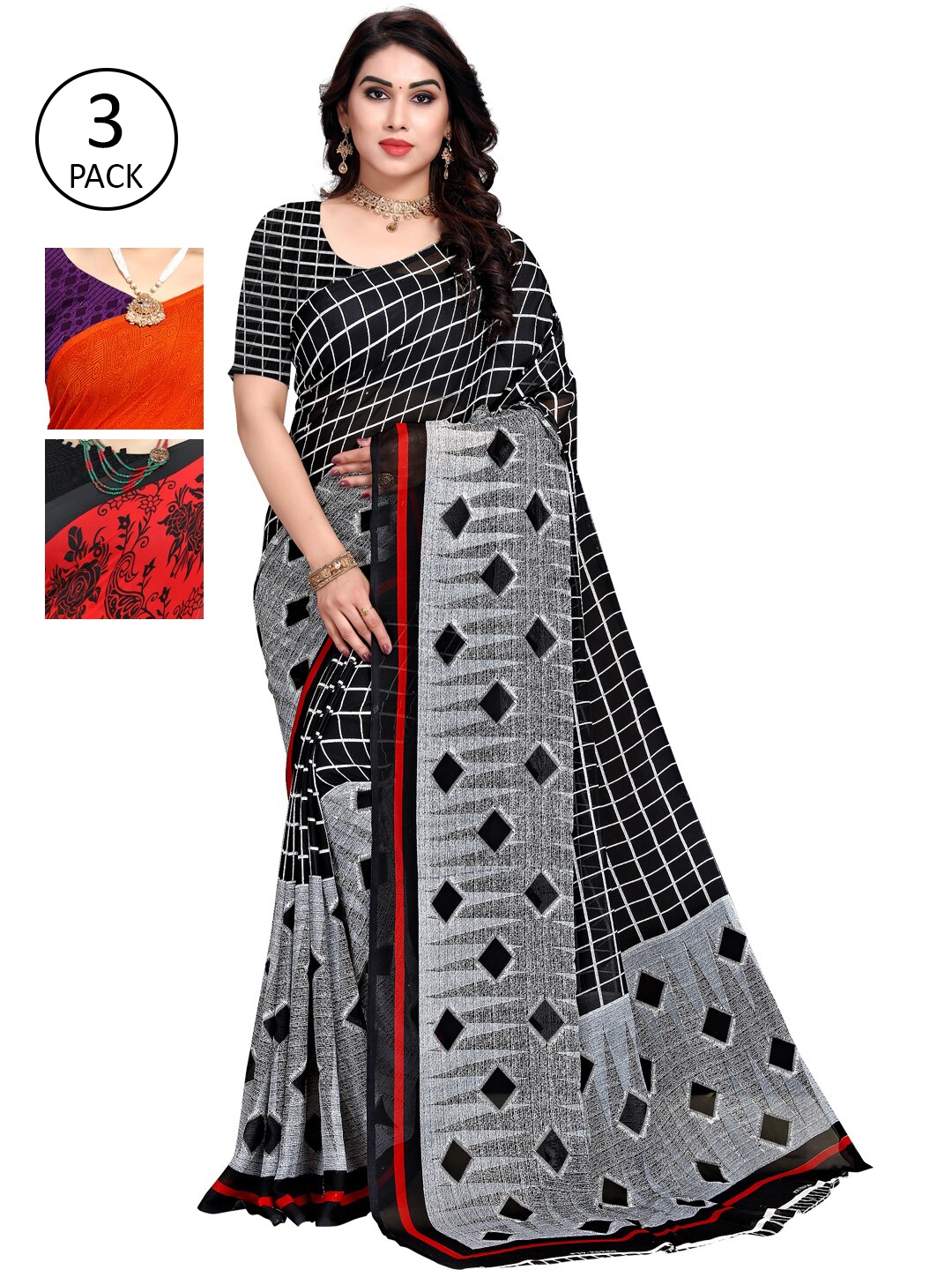 KALINI Women Pack of 3 Printed Saree, Black