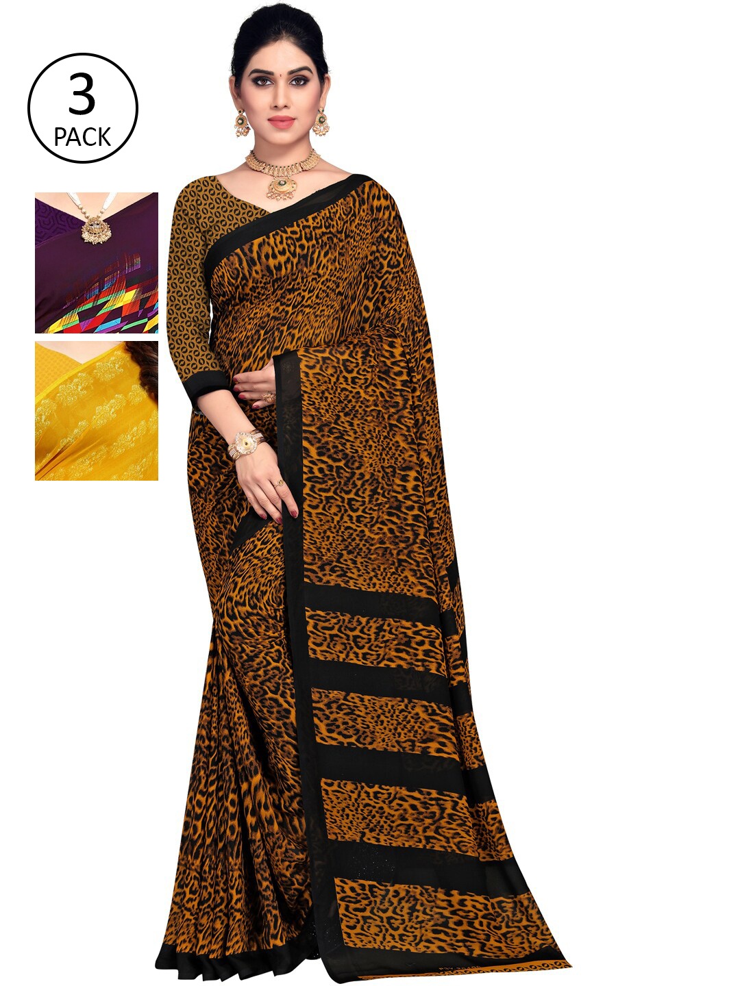 KALINI Pack Of 3 Printed Sarees, Brown