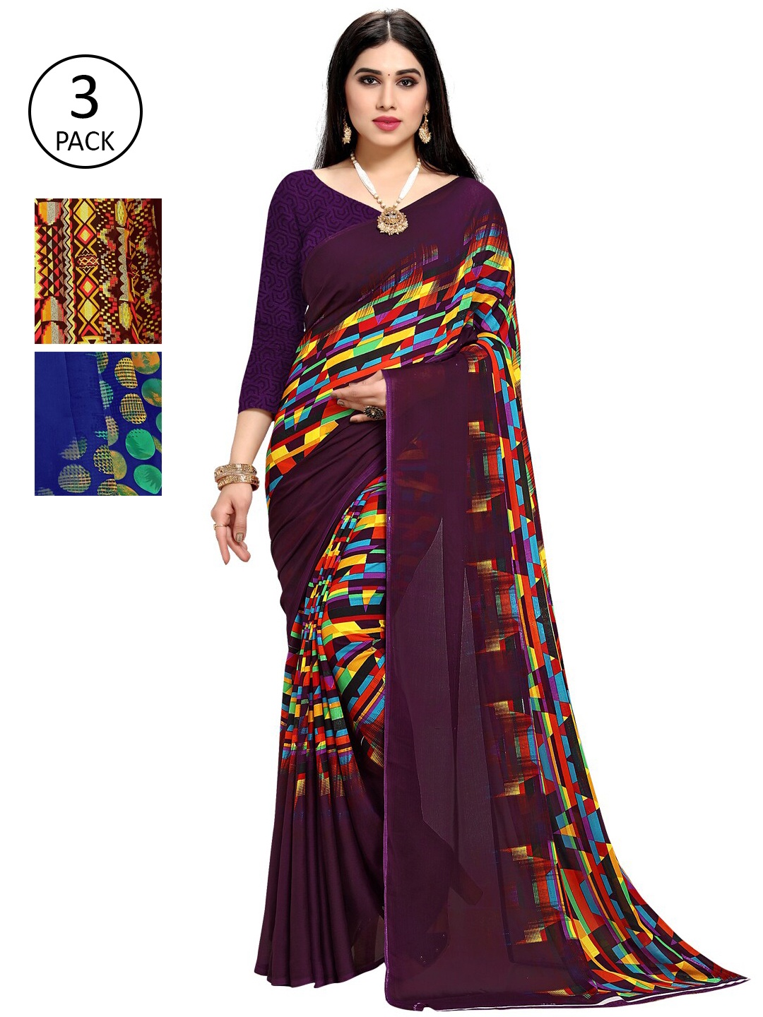 KALINI Pack Of 3 Multicoloured Printed Sarees, Multi