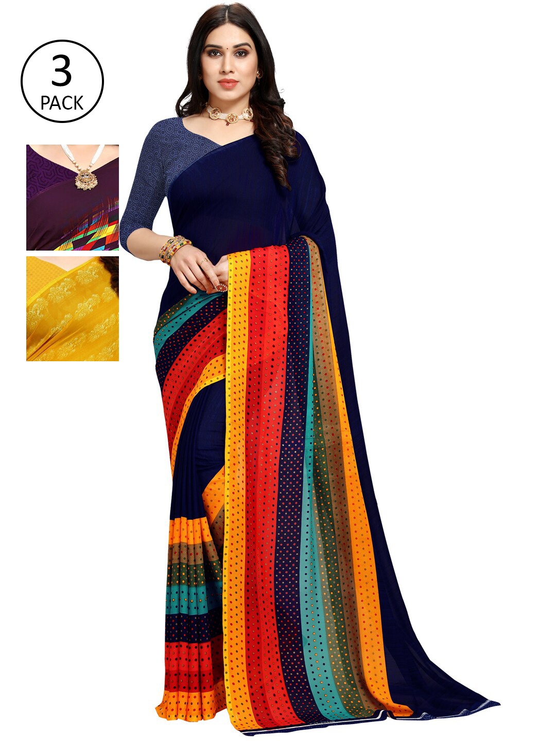 KALINI Pack of 3 Printed Saree, Blue