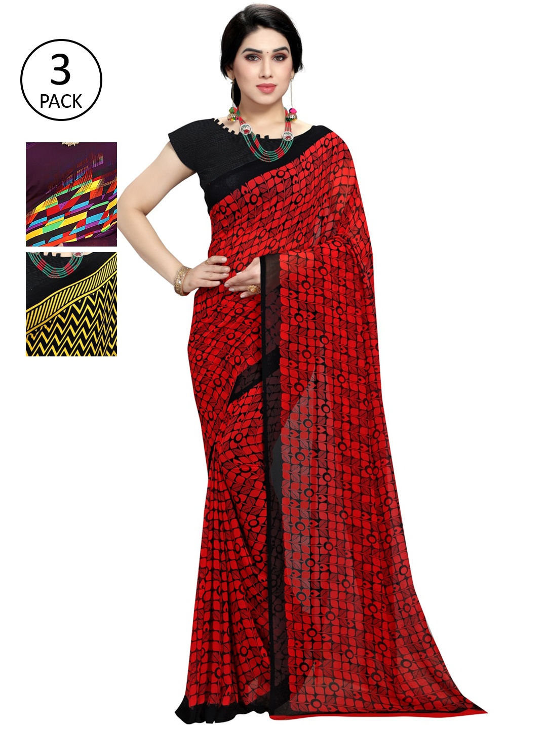 KALINI Pack Of 3 Printed Sarees, Red