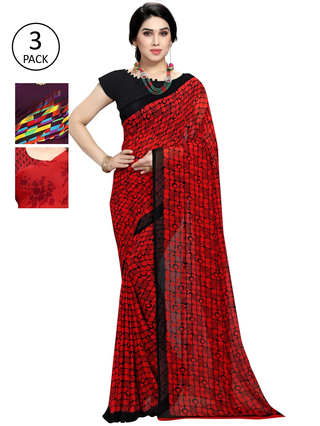 KALINI Pack Of 3 Printed Sarees, Red
