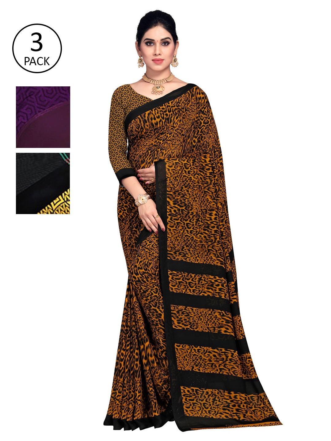 KALINI Pack Of 3 Printed Sarees, Brown