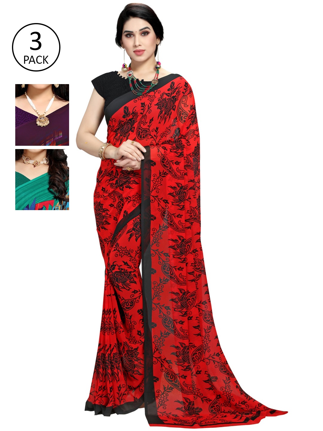 KALINI Pack Of 3 Printed Saree, Red