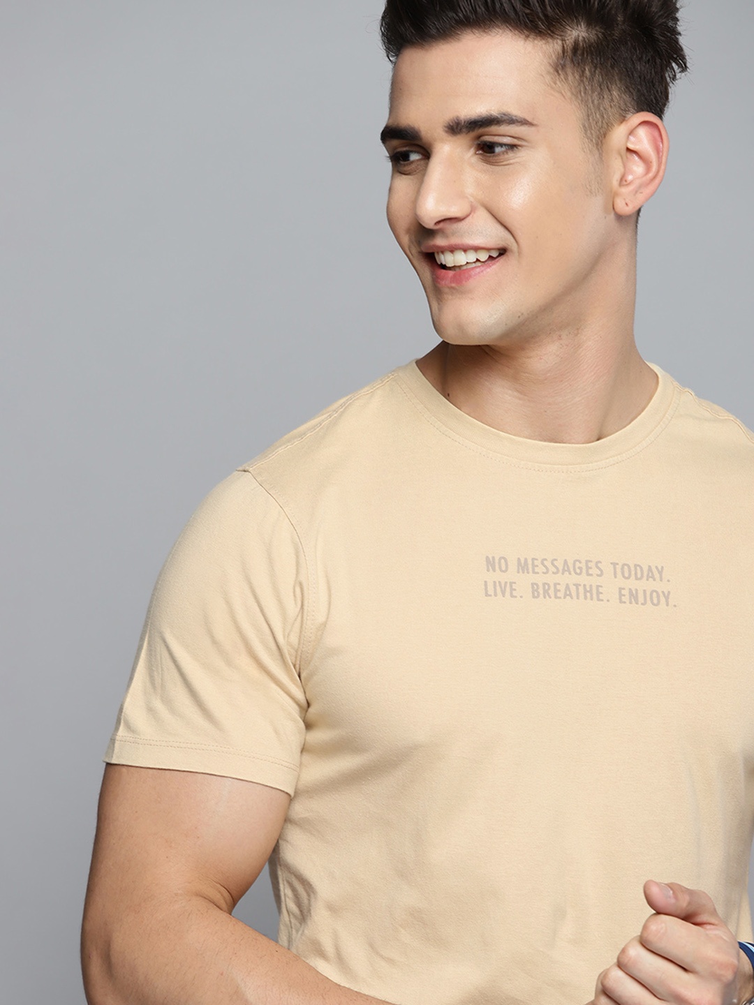 Mast & Harbour Men Beige Typography Printed Pure Cotton T-shirt