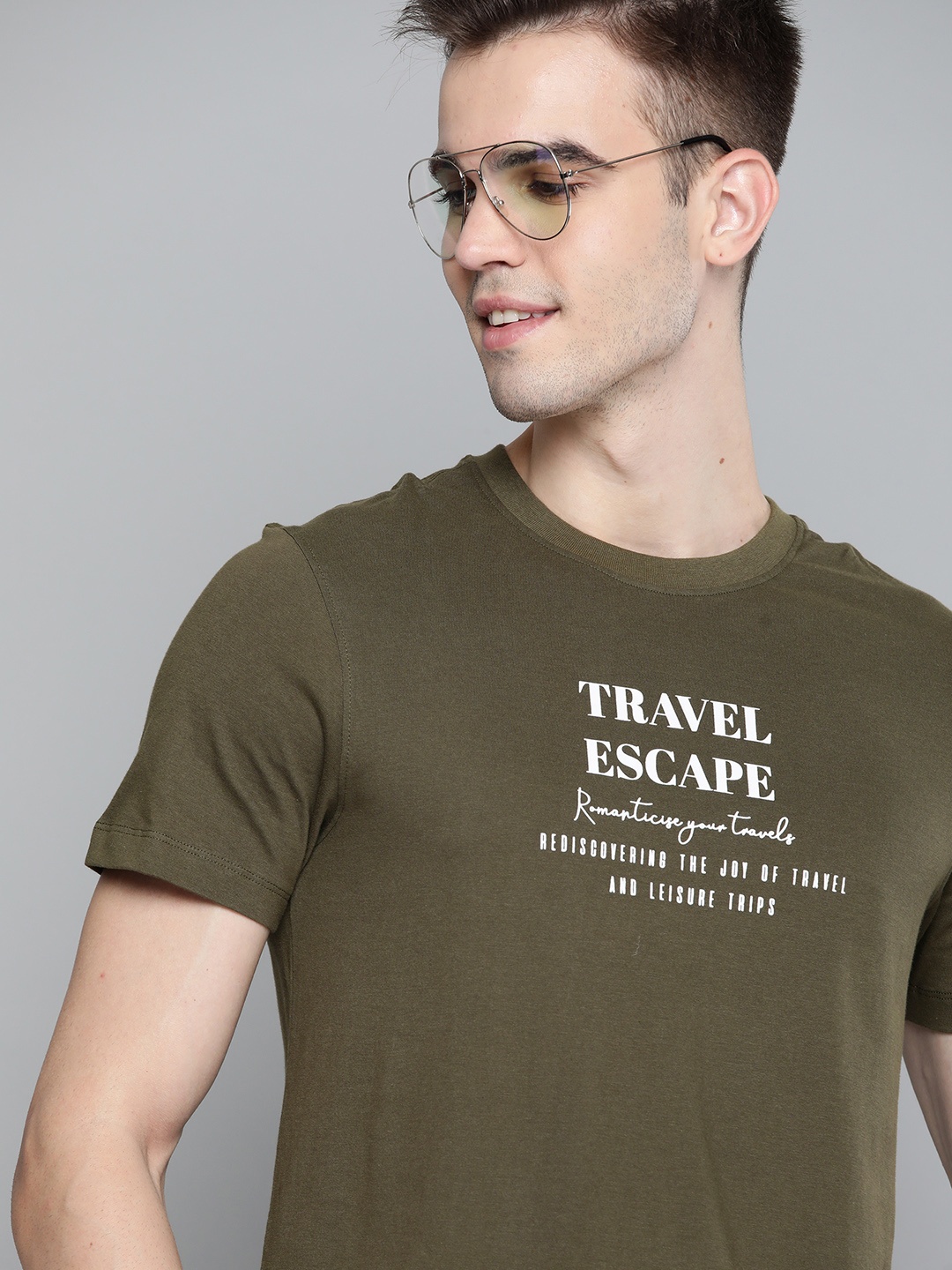 Mast Harbour Men Olive Green White Typography Printed Pure Cotton T-shirt