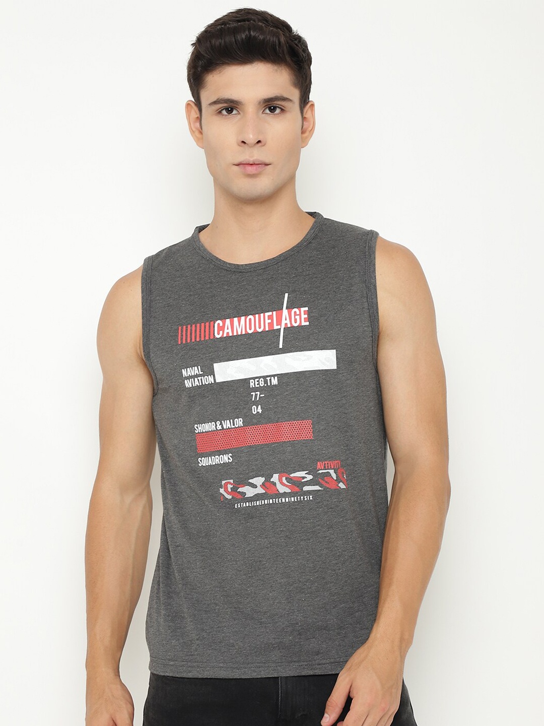 Chkokko Men Grey Melange Typography Printed T-shirt
