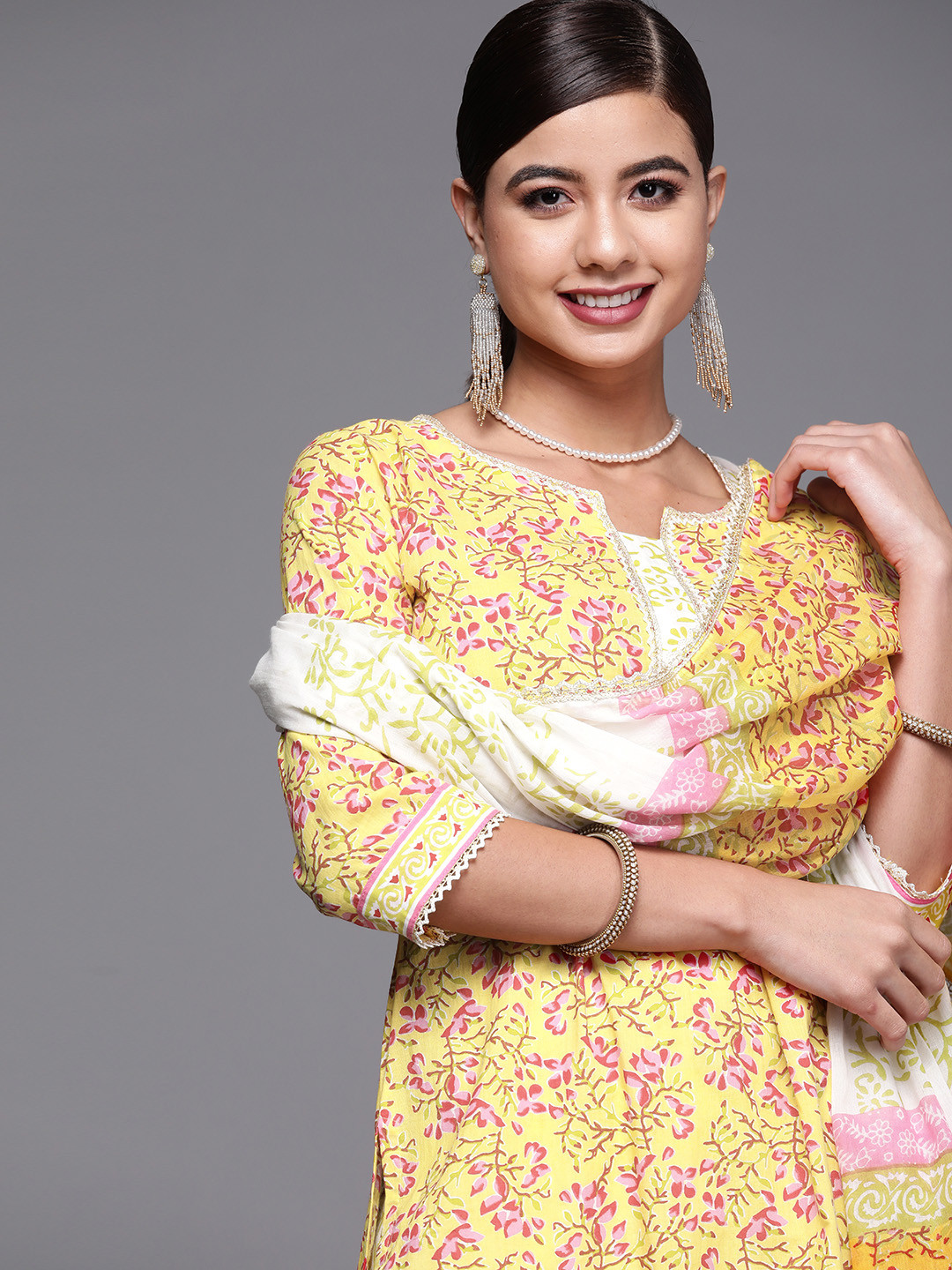 Libas Women Yellow & Off-White Printed Pure Cotton Kurta with Palazzos & With Dupatta
Libas Women Yellow & Off-White Printed Pure Cotton Kurta with Palazzos & With Dupatta