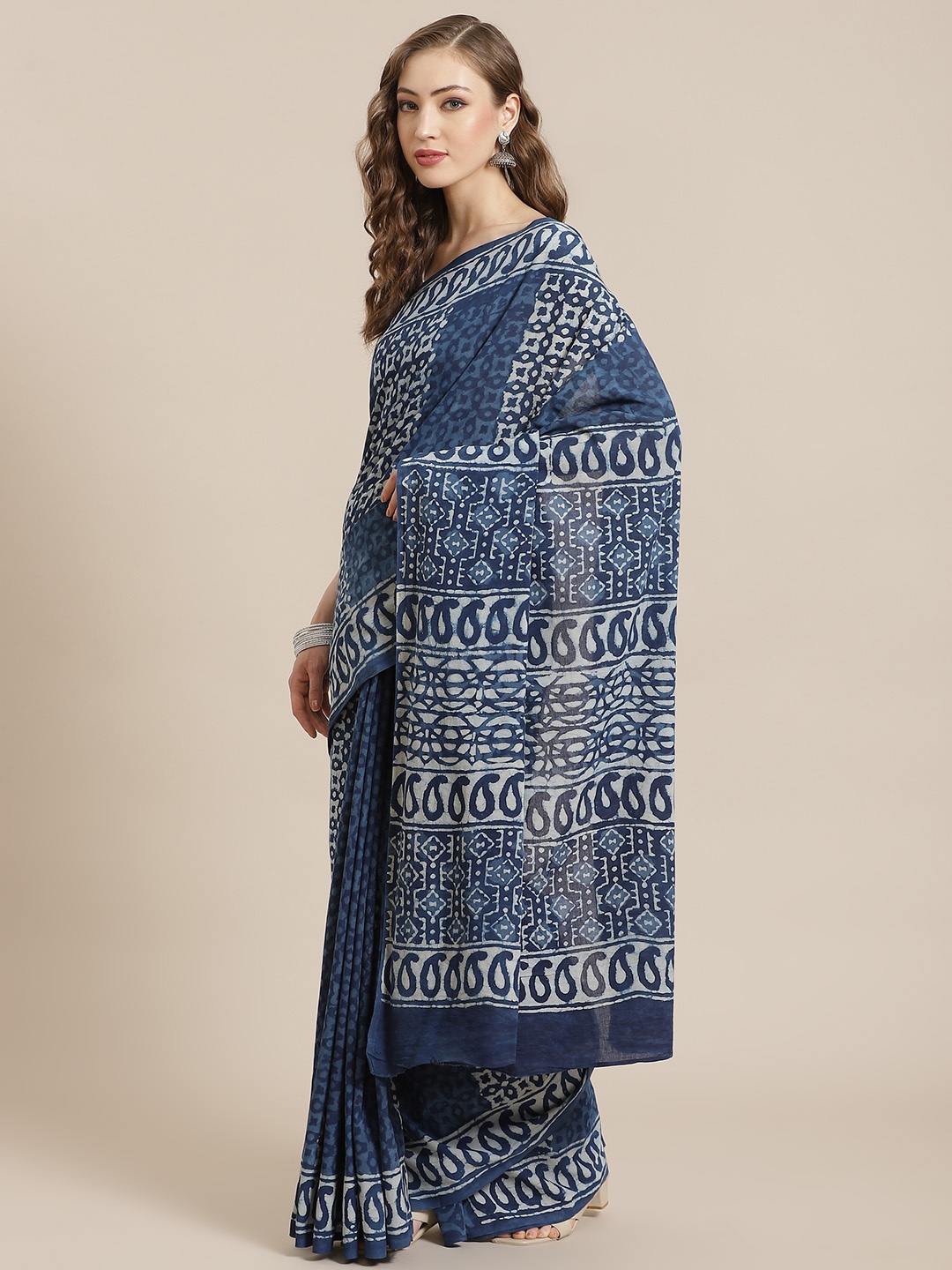 Libas Blue & Off White Printed Pure Cotton Saree