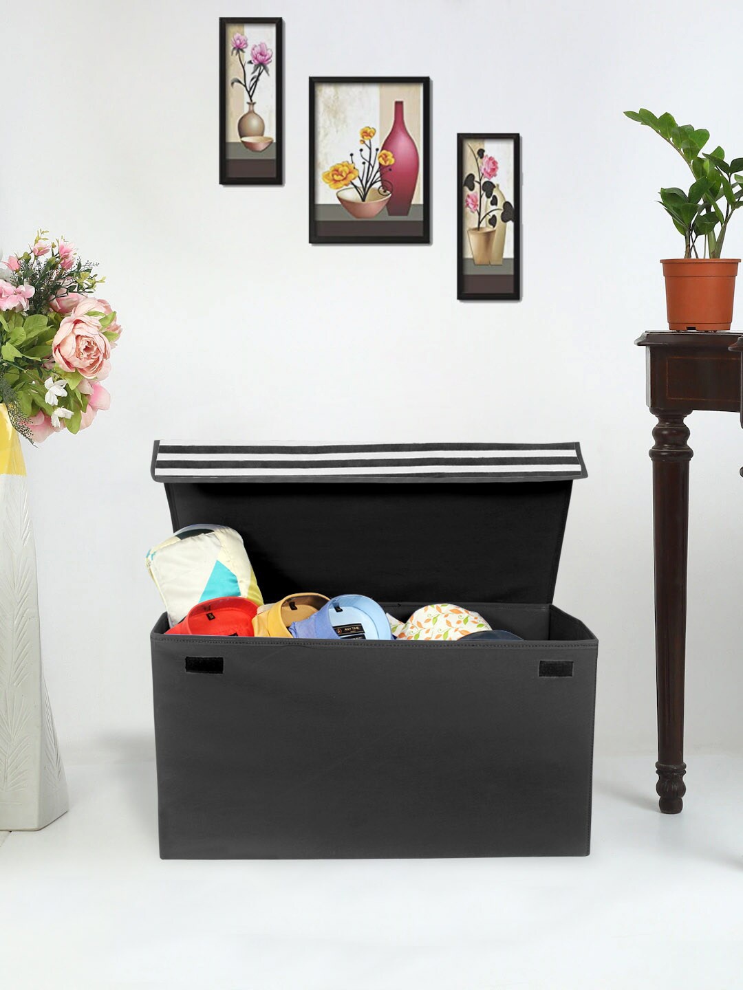prettykrafts Black & White Striped Storage Organizer With Lid