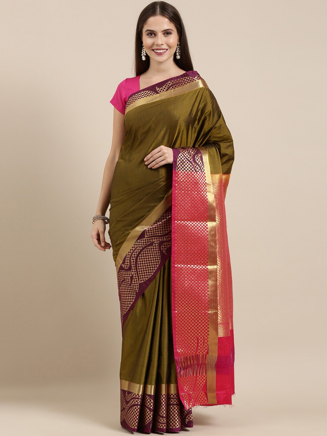 The Chennai Silks Green & Pink Zari Woven Design Border Art Silk Saree