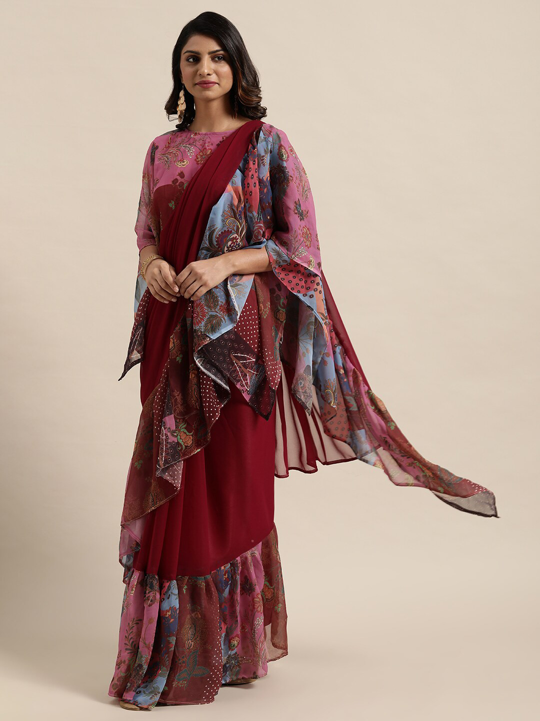 Kalista Maroon & Blue Floral Ruffles Saree
Kalista Maroon & Blue Floral Ruffles Saree