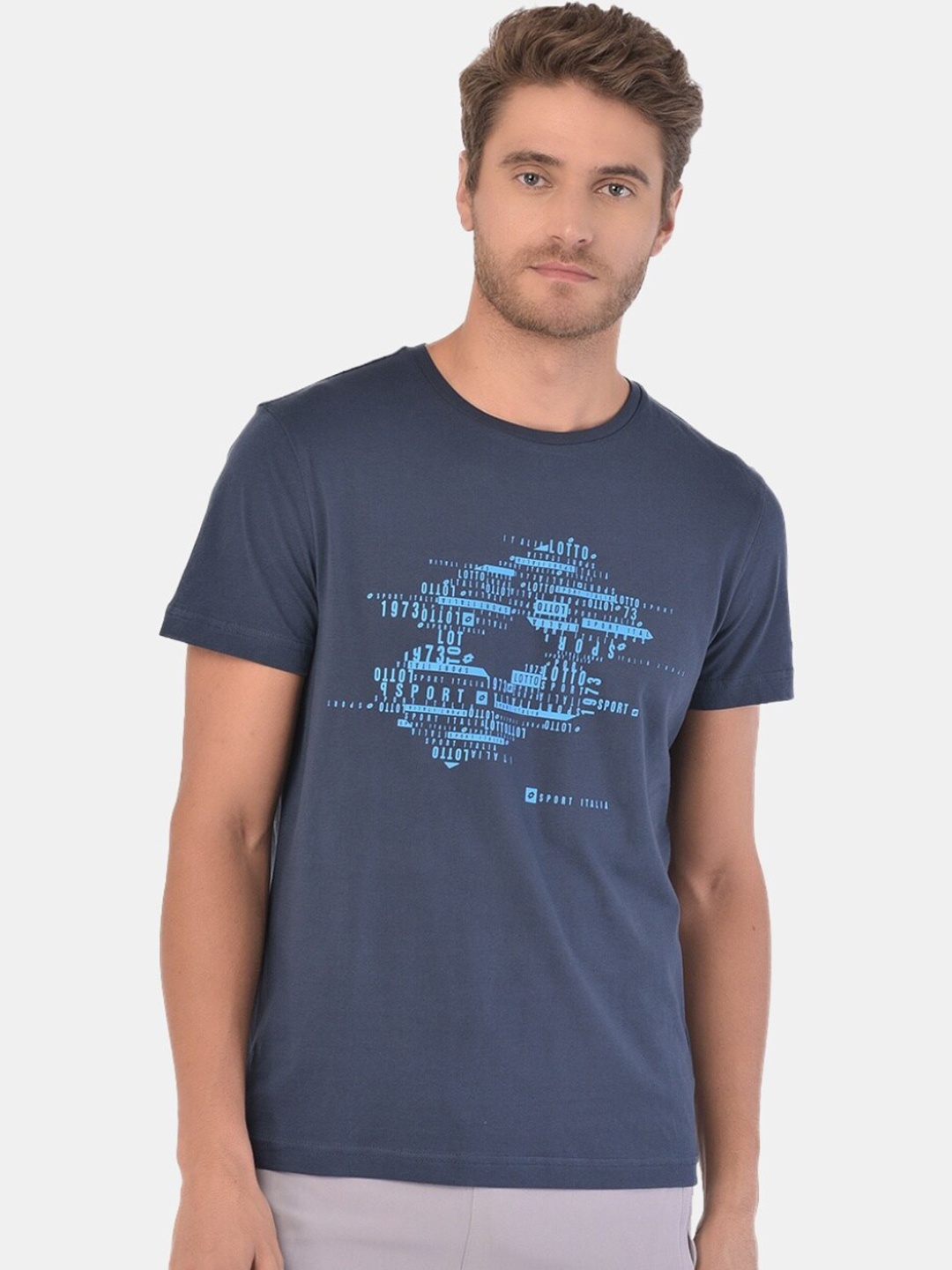 Lotto Men Navy Blue & Turquoise Blue Brand Logo Printed T-shirt