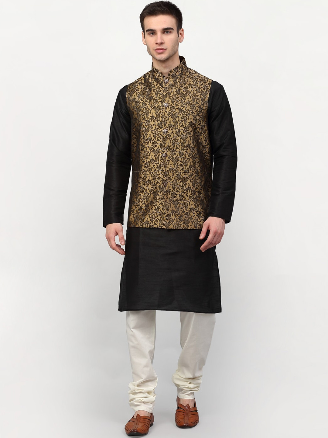 Jompers Men Black & Off-White Kurta with Churidar & Nehru jacket 
Jompers Men Black & Off-White Kurta with Churidar & Nehru jacket