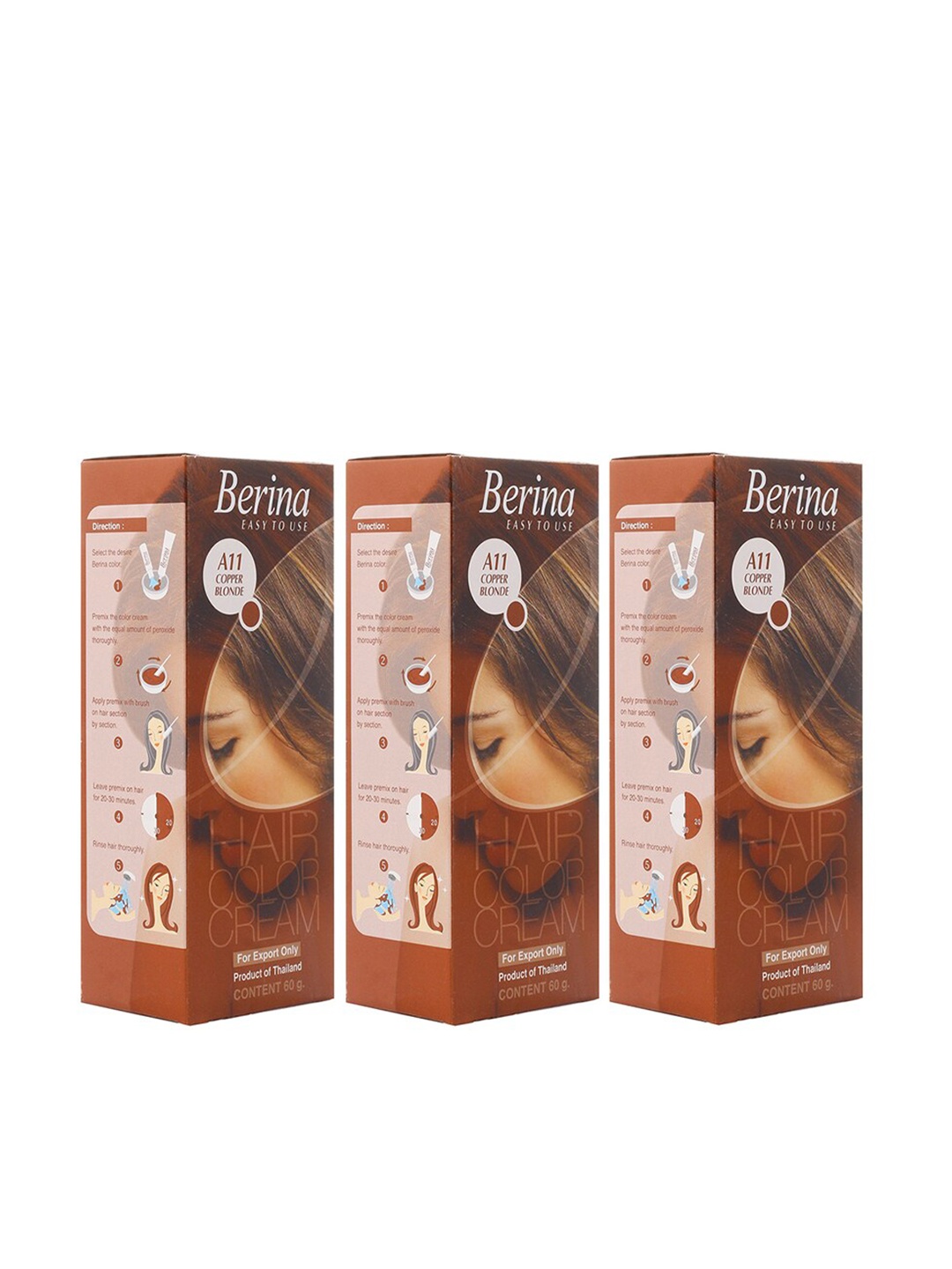 Berina Pack of 3 A11 Copper Blonde Hair Color Cream - 60gm Each, Brown