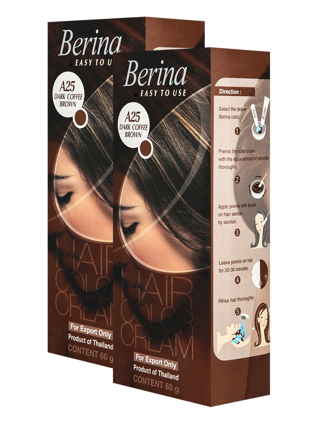 Berina Pack of 2 Hair Color Cream A25 Dark Coffee Brown