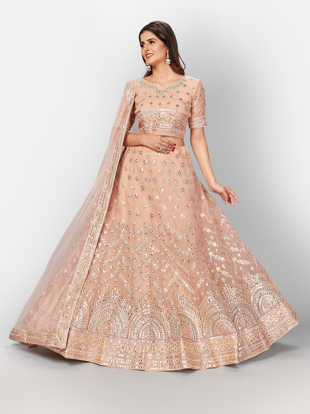 SHOPGARB Peach Coloured Semi-Stitched Lehenga & Unstitched Blouse with Dupatta