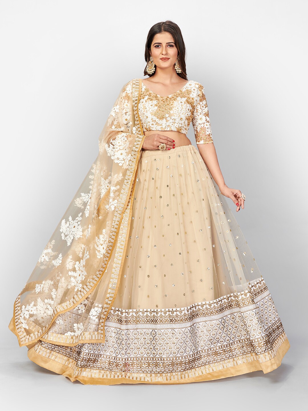 SHOPGARB Beige & White Semi-Stitched Lehenga & Unstitched Blouse with Dupatta
SHOPGARB Beige & White Semi-Stitched Lehenga & Unstitched Blouse with Dupatta