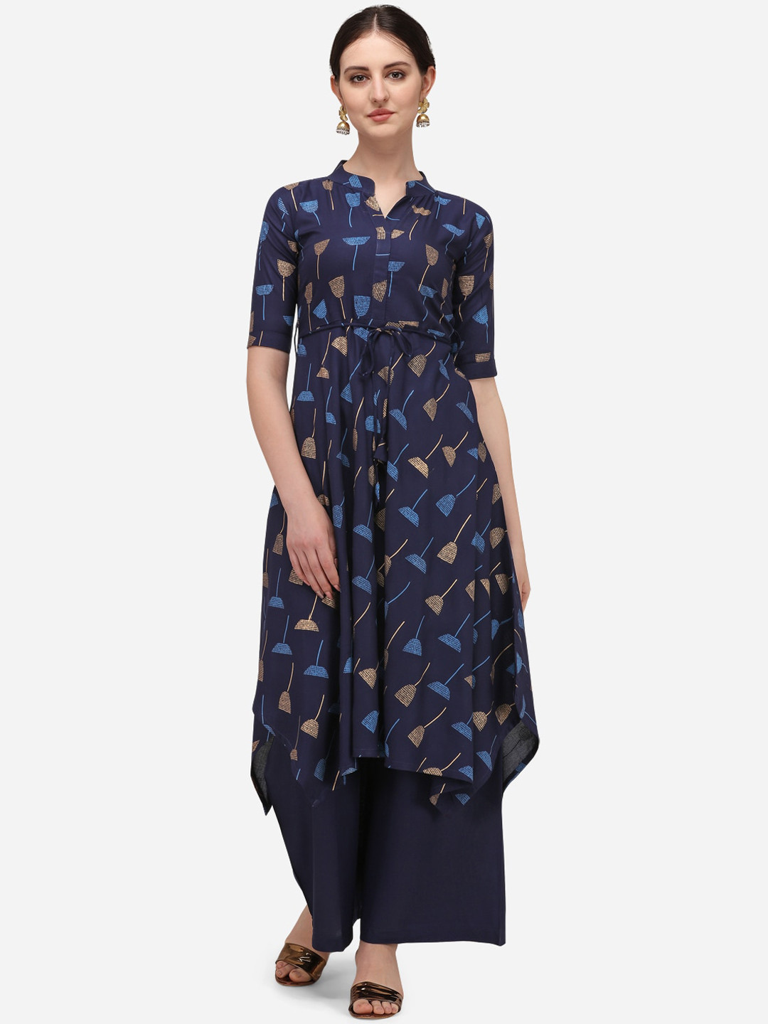SAADHVI Women Navy Blue Foil Printed Asymmetric Tie-Ups Kurta
SAADHVI Women Navy Blue Foil Printed Asymmetric Tie-Ups Kurta