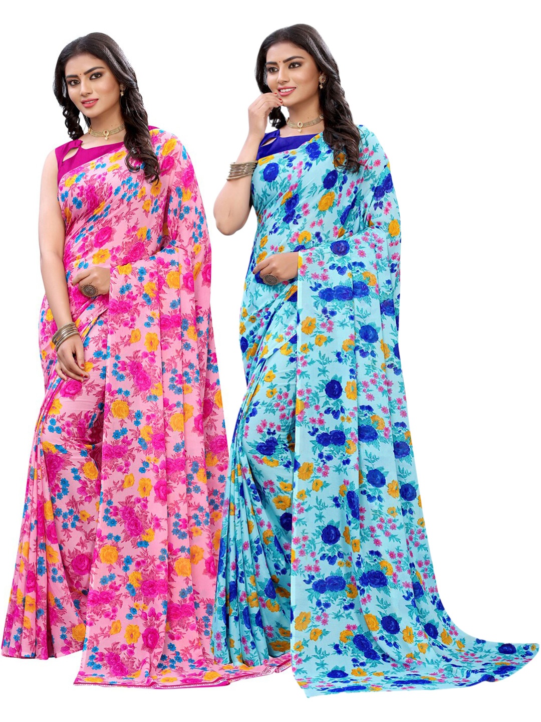 KALINI Pink & Blue Floral Saree