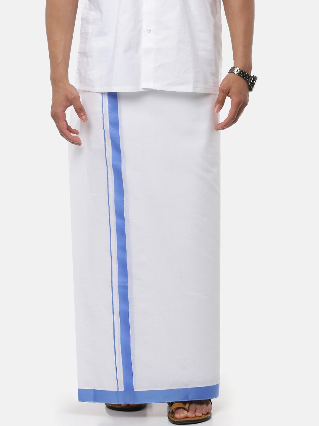 Ramraj Men White Solid & Blue Border Pure Cotton Dhoti