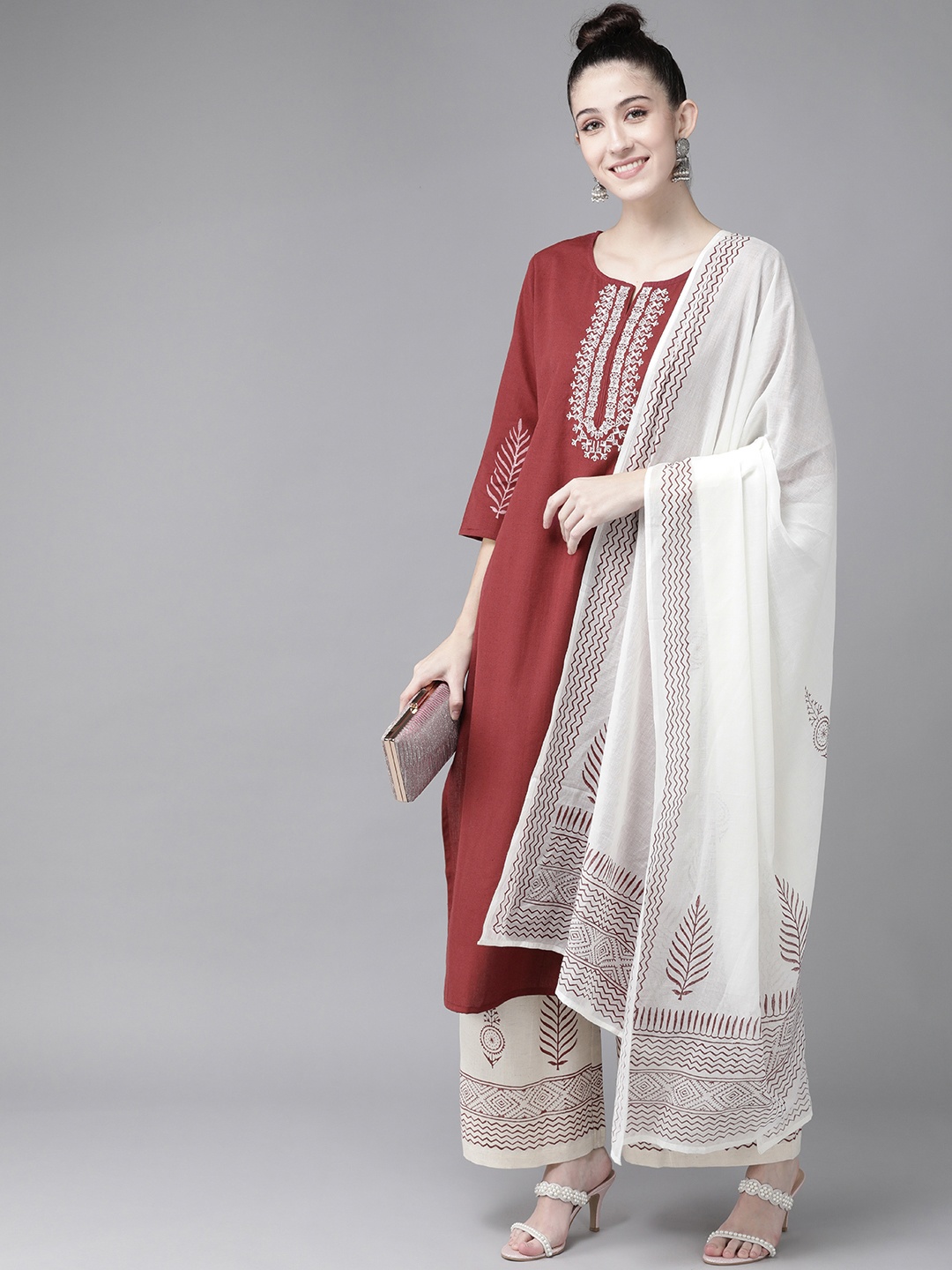 Yufta Women Maroon & Off-White Yoke Design Pure Cotton Kurta with Palazzos & With Dupatta
Yufta Women Maroon & Off-White Yoke Design Pure Cotton Kurta with Palazzos & With Dupatta