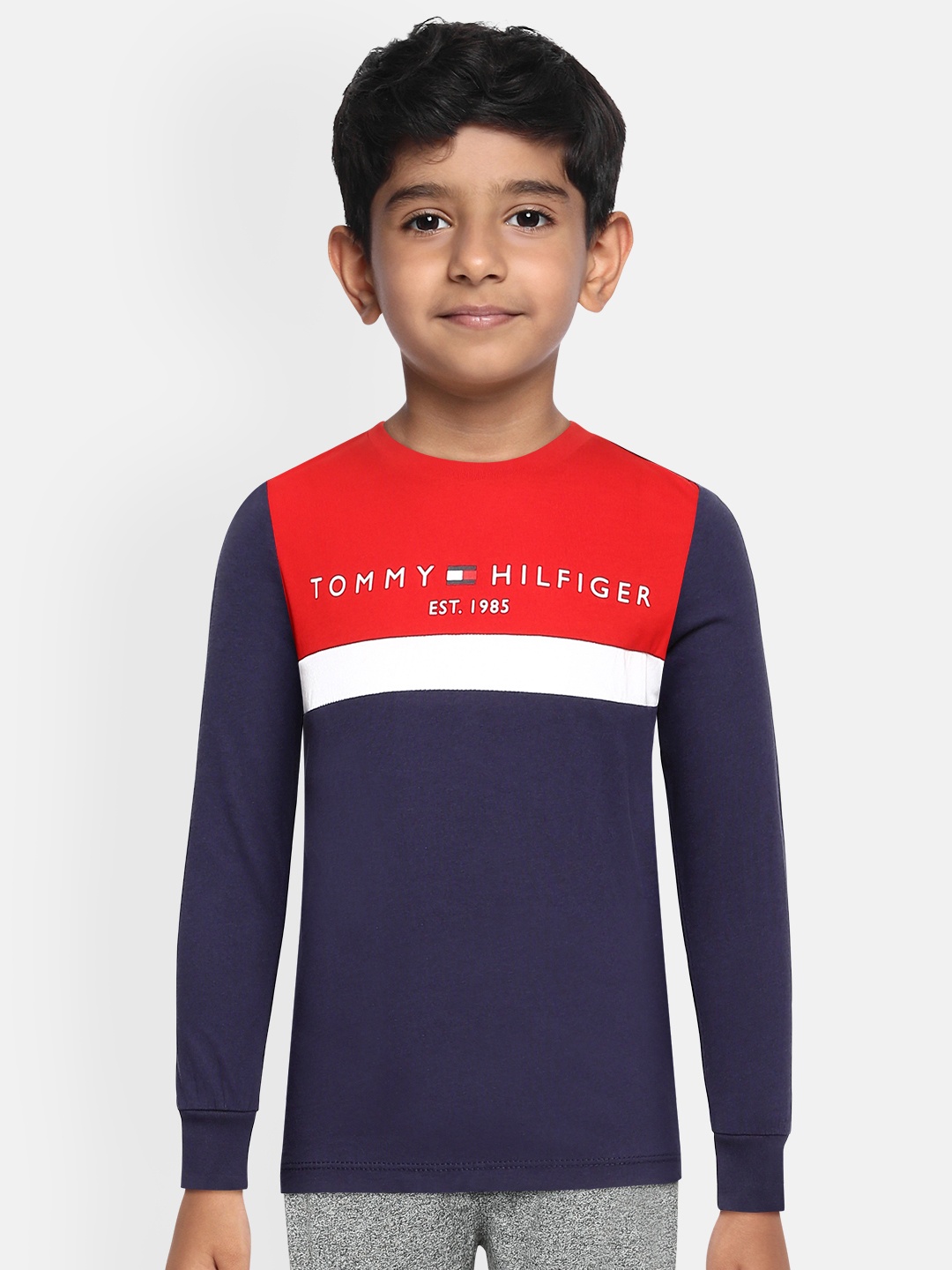 Tommy Hilfiger Boys Navy Blue Red Brand Logo Colourblocked Organic Cotton T-shirt