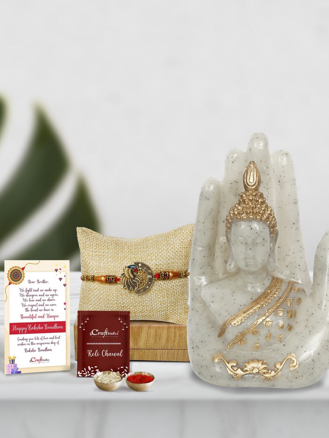 eCraftIndia Set Of 3 Stone Studded Rakhi With Buddha & Roli Chawal Greeting Card Gift Set, Gold
eCraftIndia Set Of 3 Stone Studded Rakhi With Buddha & Roli Chawal Greeting Card Gift Set, Gold