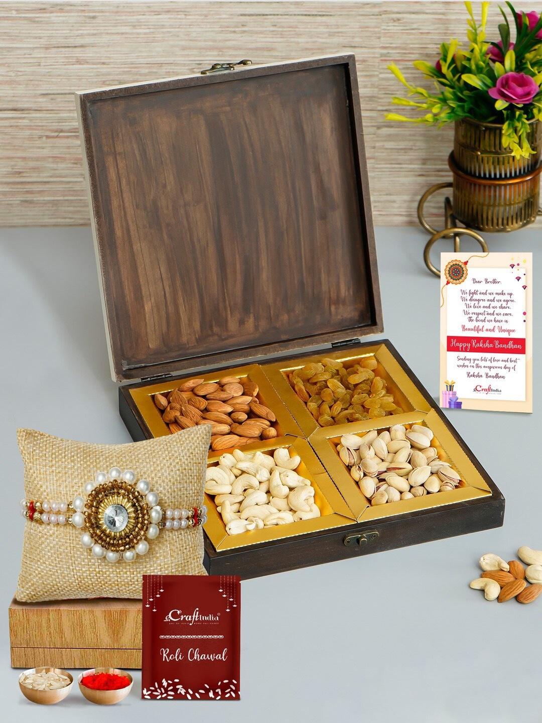 eCraftIndia Multicoloured Wooden Dry Fruit Box With Dry Fruits Rakhi Gift Set, Multi
eCraftIndia Multicoloured Wooden Dry Fruit Box With Dry Fruits Rakhi Gift Set, Multi