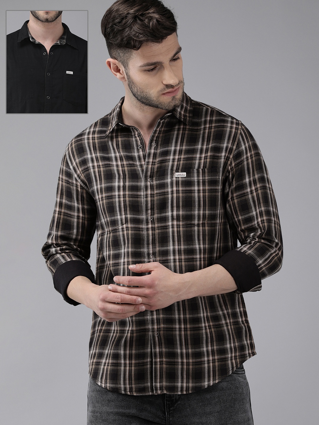 Roadster Men Brown Checked And Black Solid Regular Fit Reversible Sustainable Casual Shirt
Roadster Men Brown Checked And Black Solid Regular Fit Reversible Sustainable Casual Shirt