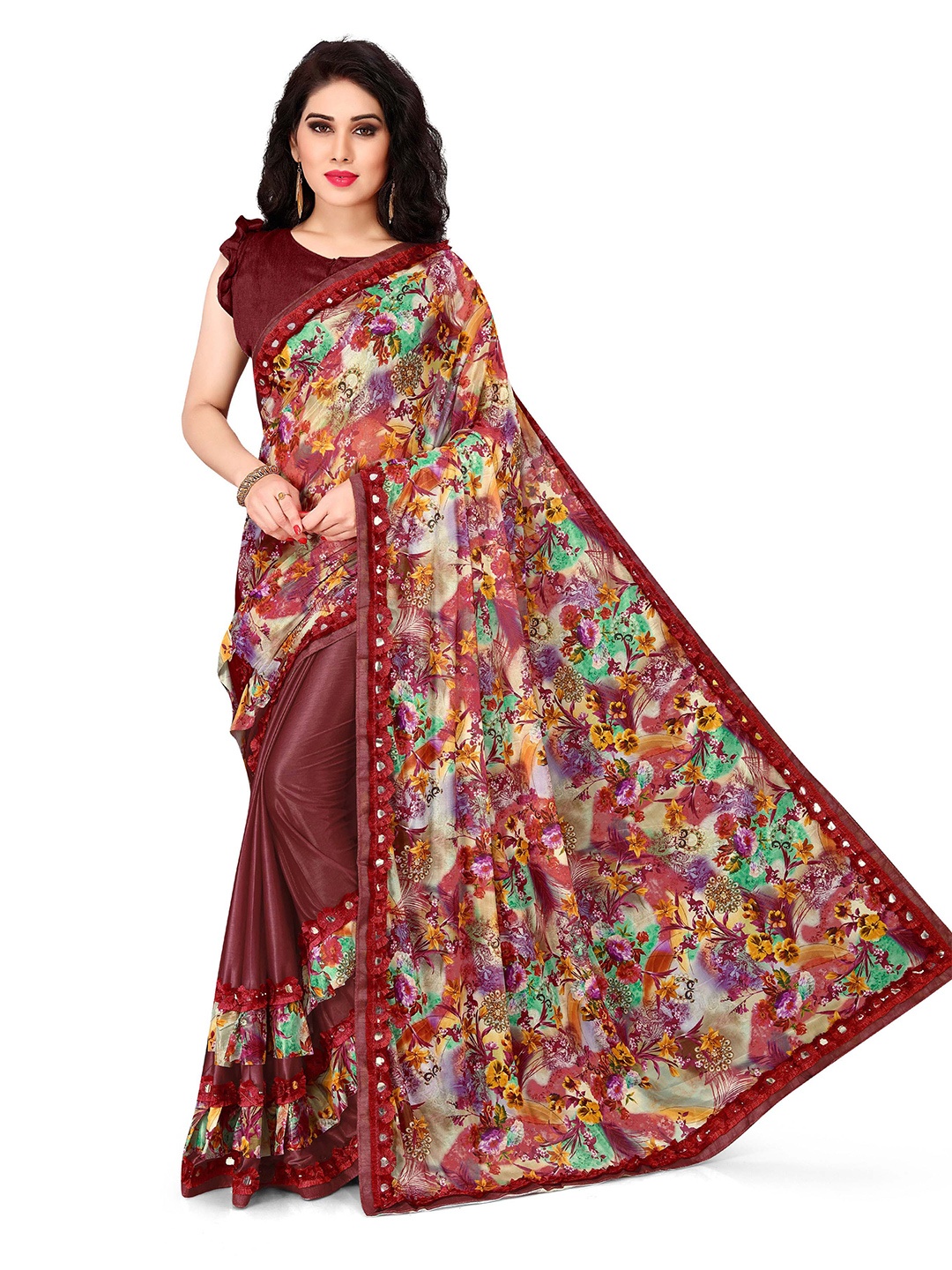 KALINI Maroon & Yellow Floral Mirror Work Half & Half Bagh Saree