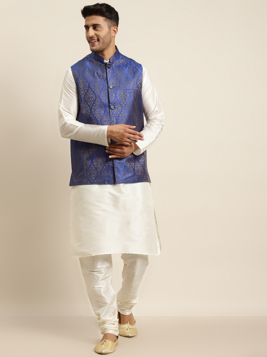 SOJANYA Men Off White & Blue Jacquard Kurta with Churidar & Woven Design Nehru Jacket
SOJANYA Men Off White & Blue Jacquard Kurta with Churidar & Woven Design Nehru Jacket