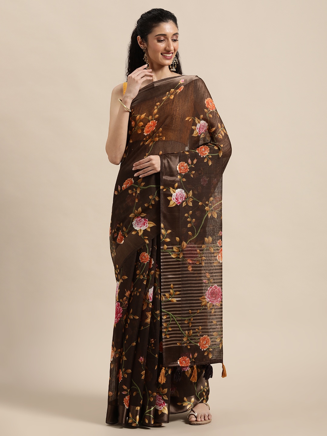 Triveni Brown Floral Printed Pure Cotton Saree