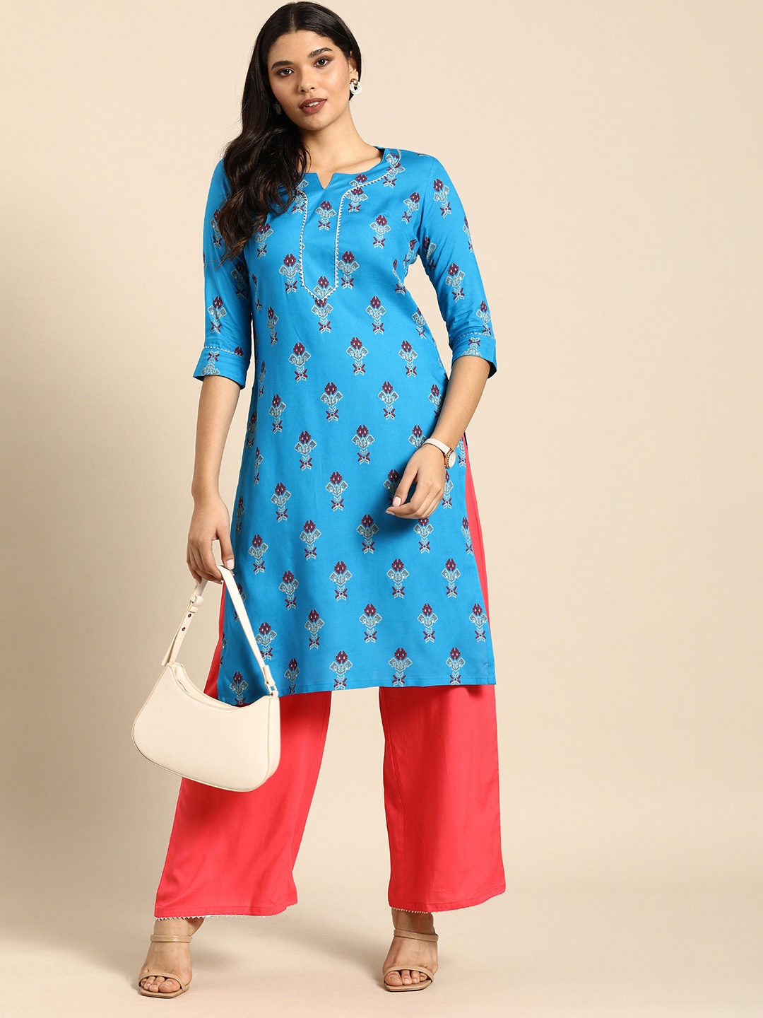 Anouk Women Blue Printed Regular Thread Work Kurta with Coral Solid Palazzos