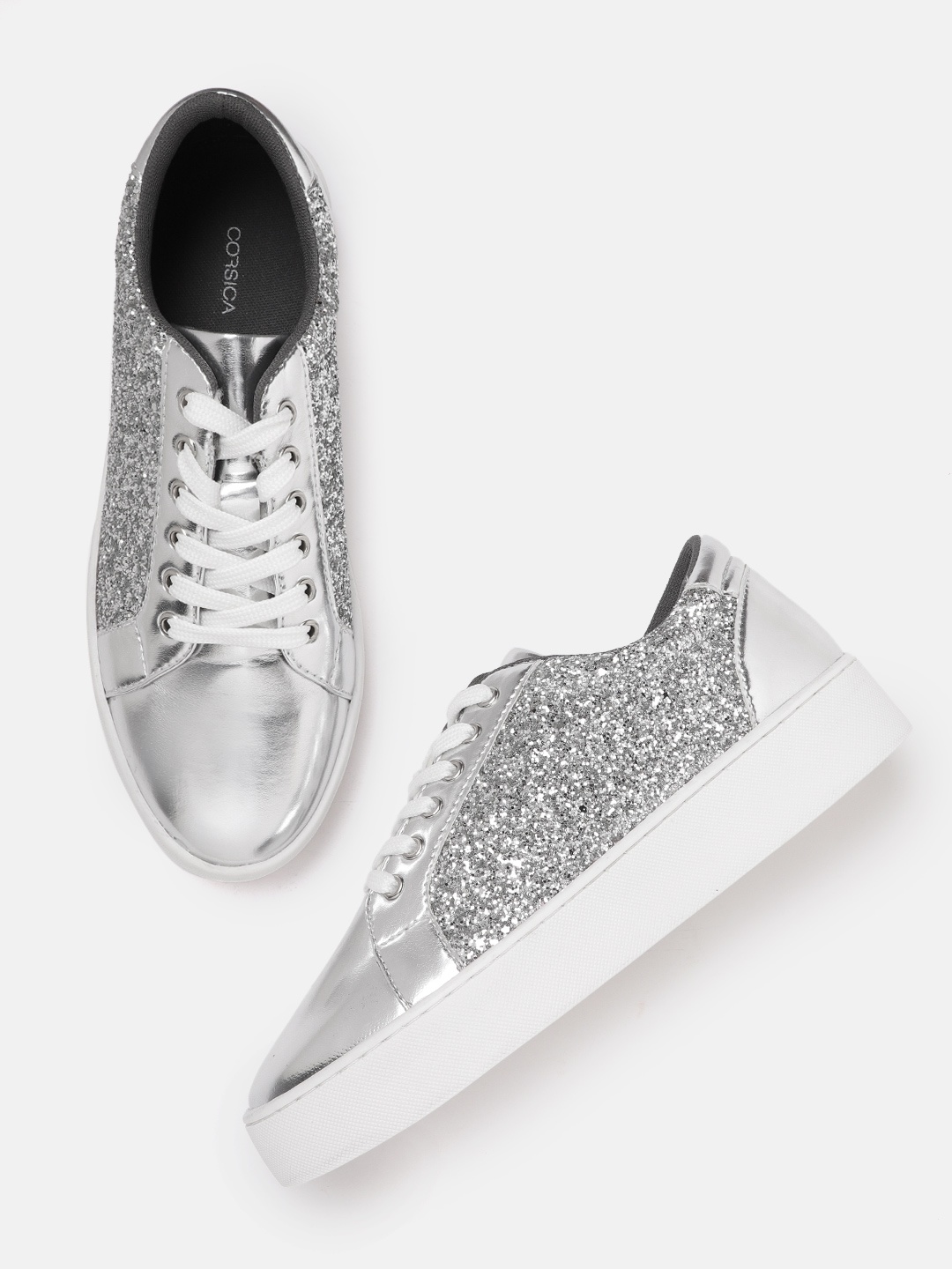 CORSICA Women Silver-Toned Glitter Flatform Sneakers