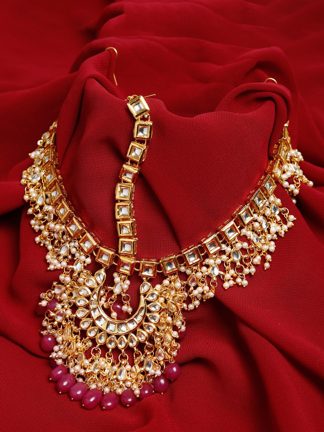 Ruby Raang Gold-Plated White & Maroon Faux Kundan-Studded & Faux Pearl Beaded Handcrafted Matha Patti
Ruby Raang Gold-Plated White & Maroon Faux Kundan-Studded & Faux Pearl Beaded Handcrafted Matha Patti