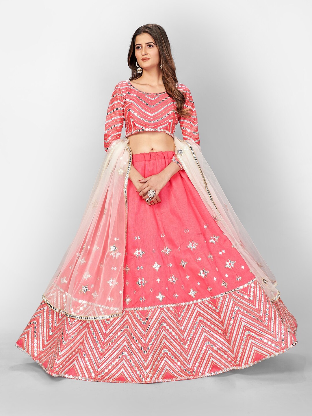 SHOPGARB Pink & Steel Embellished Mirror Work Semi-Stitched Lehenga & Unstitched Blouse With Dupatta
SHOPGARB Pink & Steel Embellished Mirror Work Semi-Stitched Lehenga & Unstitched Blouse With Dupatta