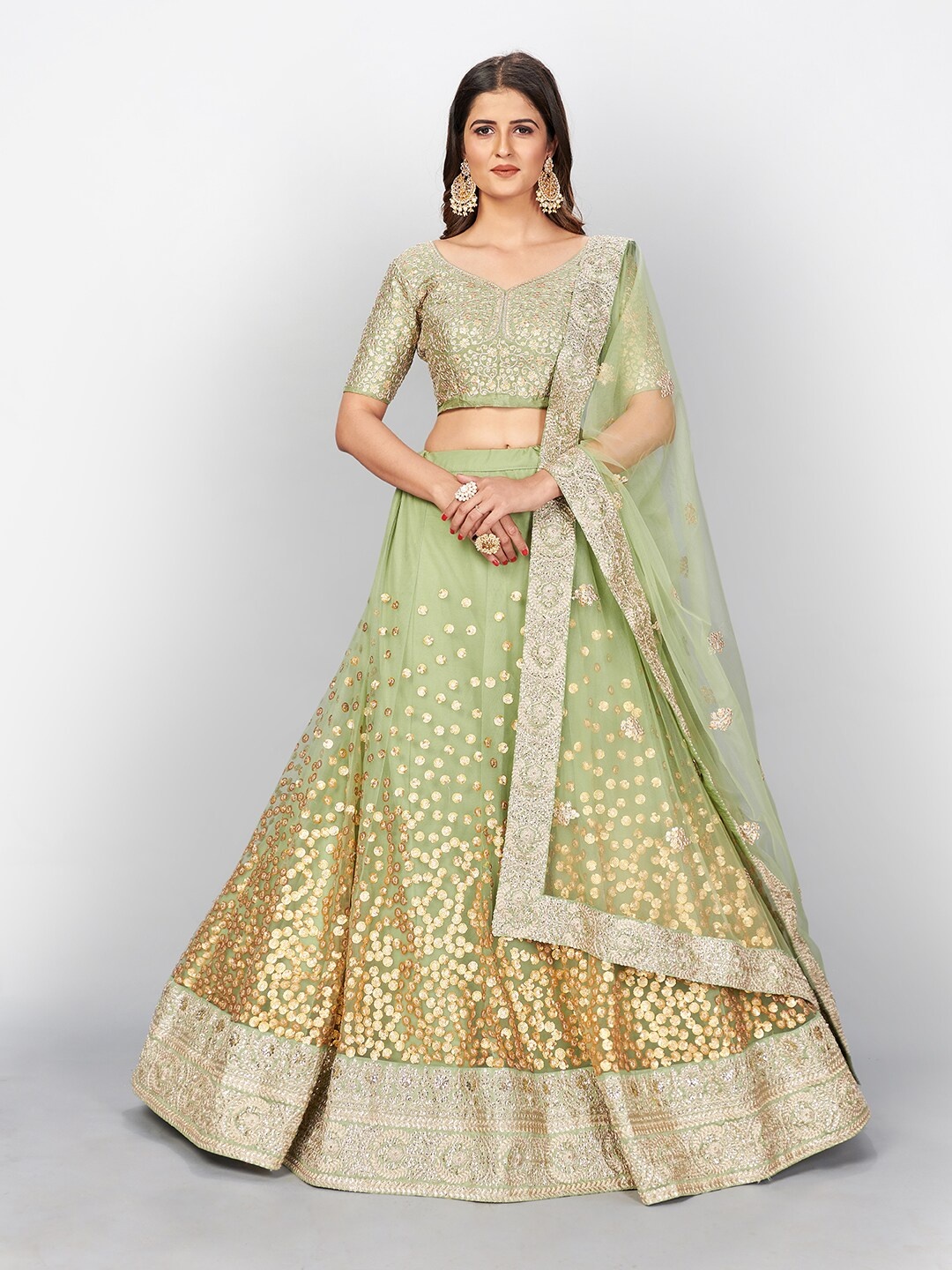 SHOPGARB Olive Green & Gold-Toned Embellished Semi-Stitched Lehenga & Unstitched Blouse