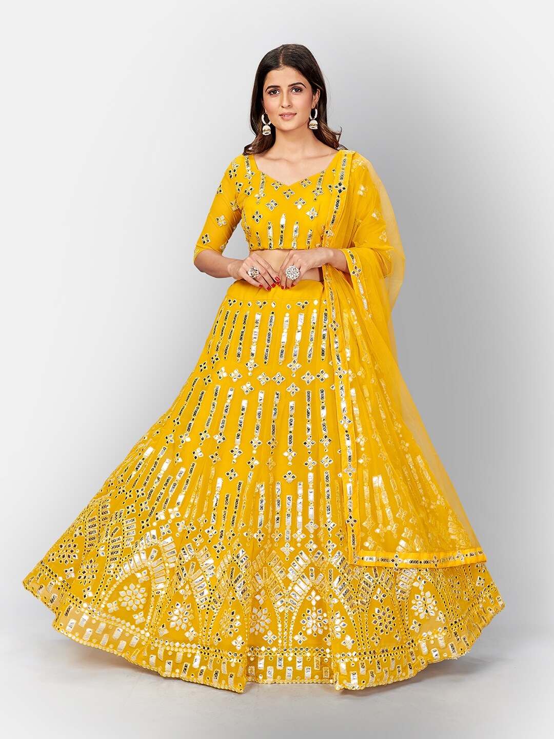 SHOPGARB Yellow & Silver-Toned Embellished Mirror Work Semi-Stitched Lehenga & Unstitched Blouse With
SHOPGARB Yellow & Silver-Toned Embellished Mirror Work Semi-Stitched Lehenga & Unstitched Blouse With