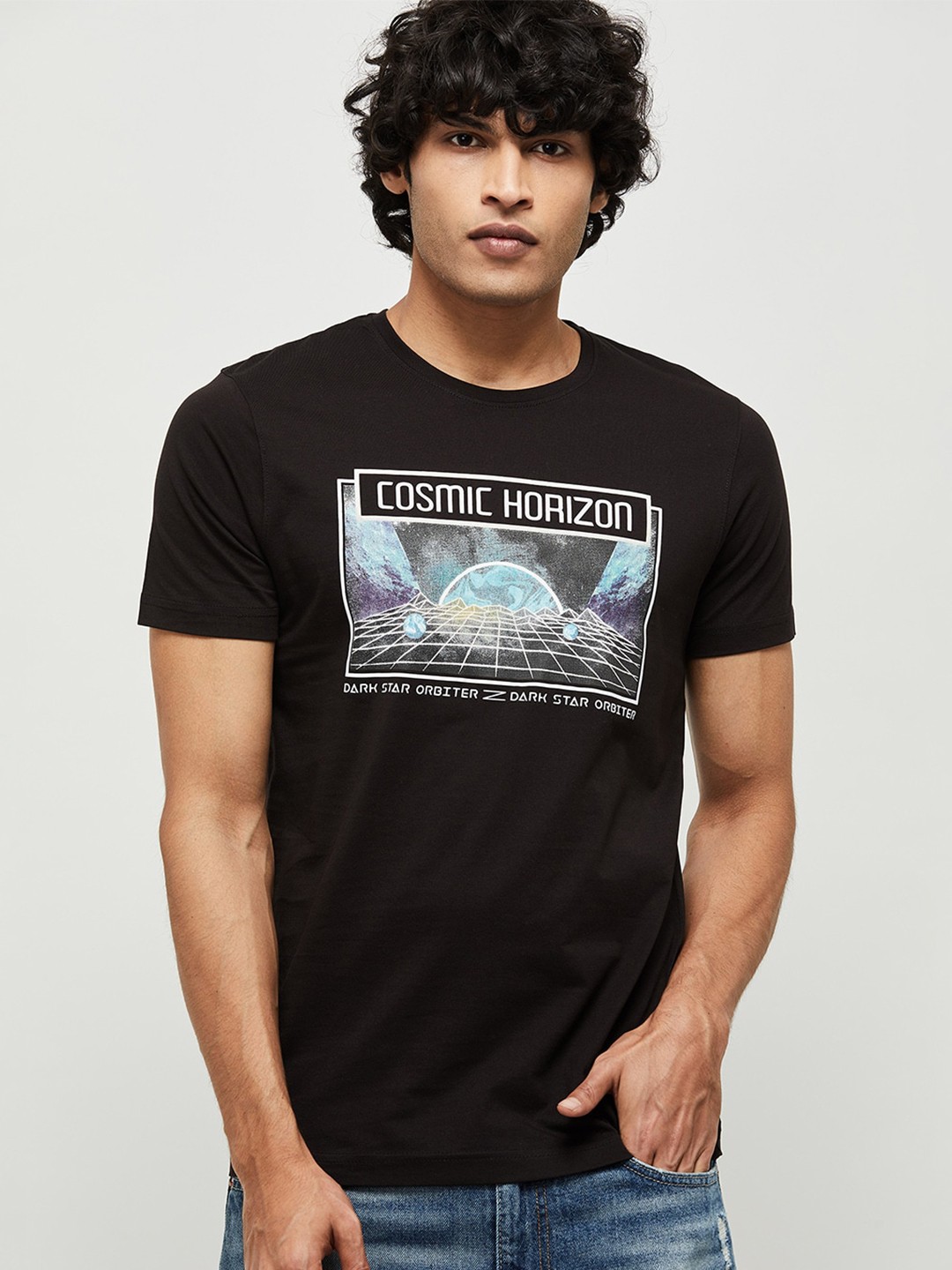 max Men Black Graphic Printed Pure Cotton T-shirt