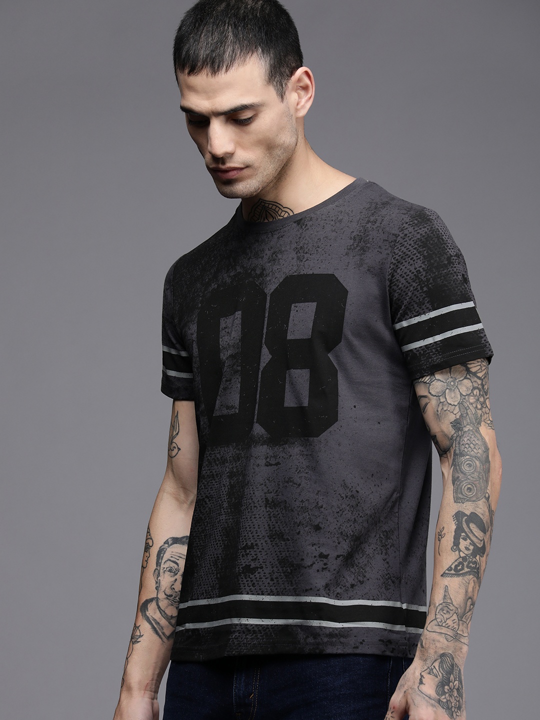 WROGN Men Grey Varsity Printed T-shirt