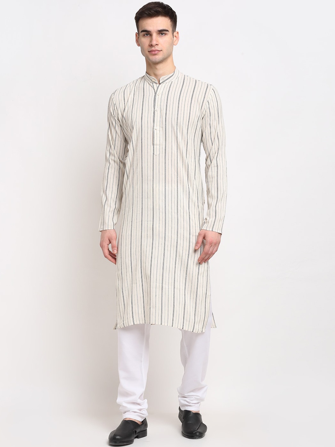 Jompers Men Cream-Coloured & Grey Striped Kurta