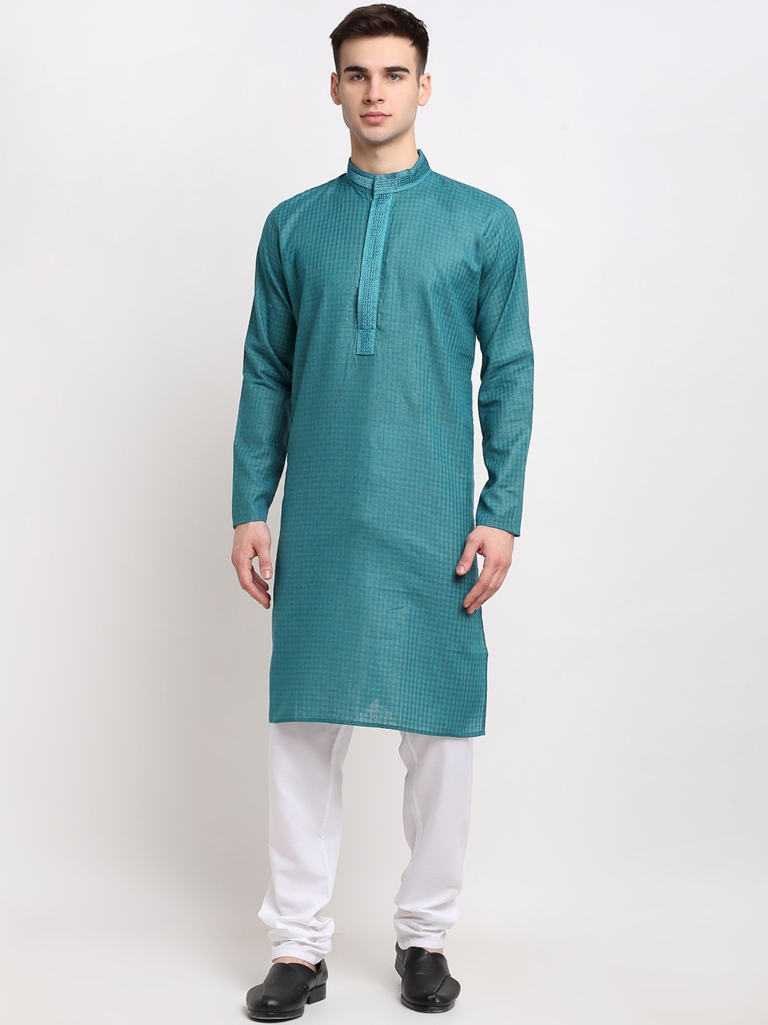 Jompers Men Teal Self Design Pure Cotton Kurta
