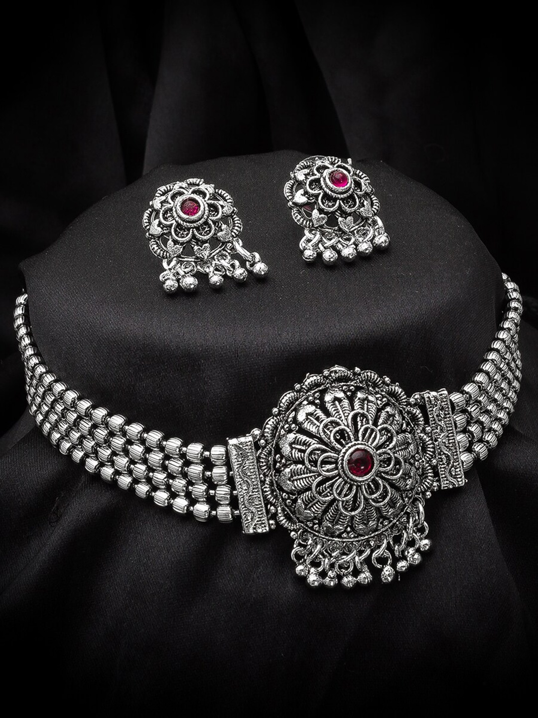aadita German Oxidised Silver-Plated Pink Beaded & Stone-Studded Tribal Jewellery Set
aadita German Oxidised Silver-Plated Pink Beaded & Stone-Studded Tribal Jewellery Set