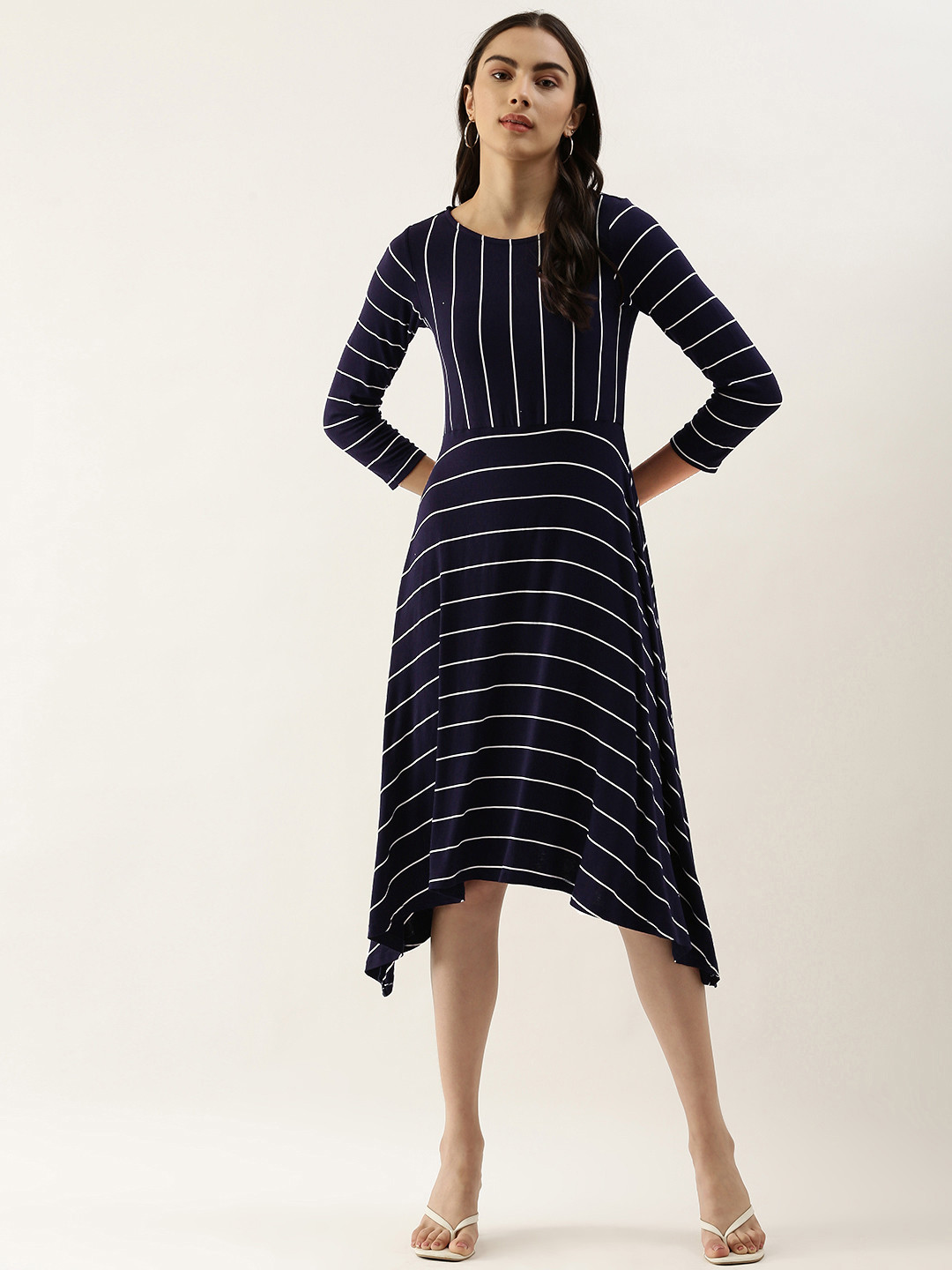 AND Navy Blue & Off White Striped Fit N Flare Casual Dress 
AND Navy Blue & Off White Striped Fit N Flare Casual Dress