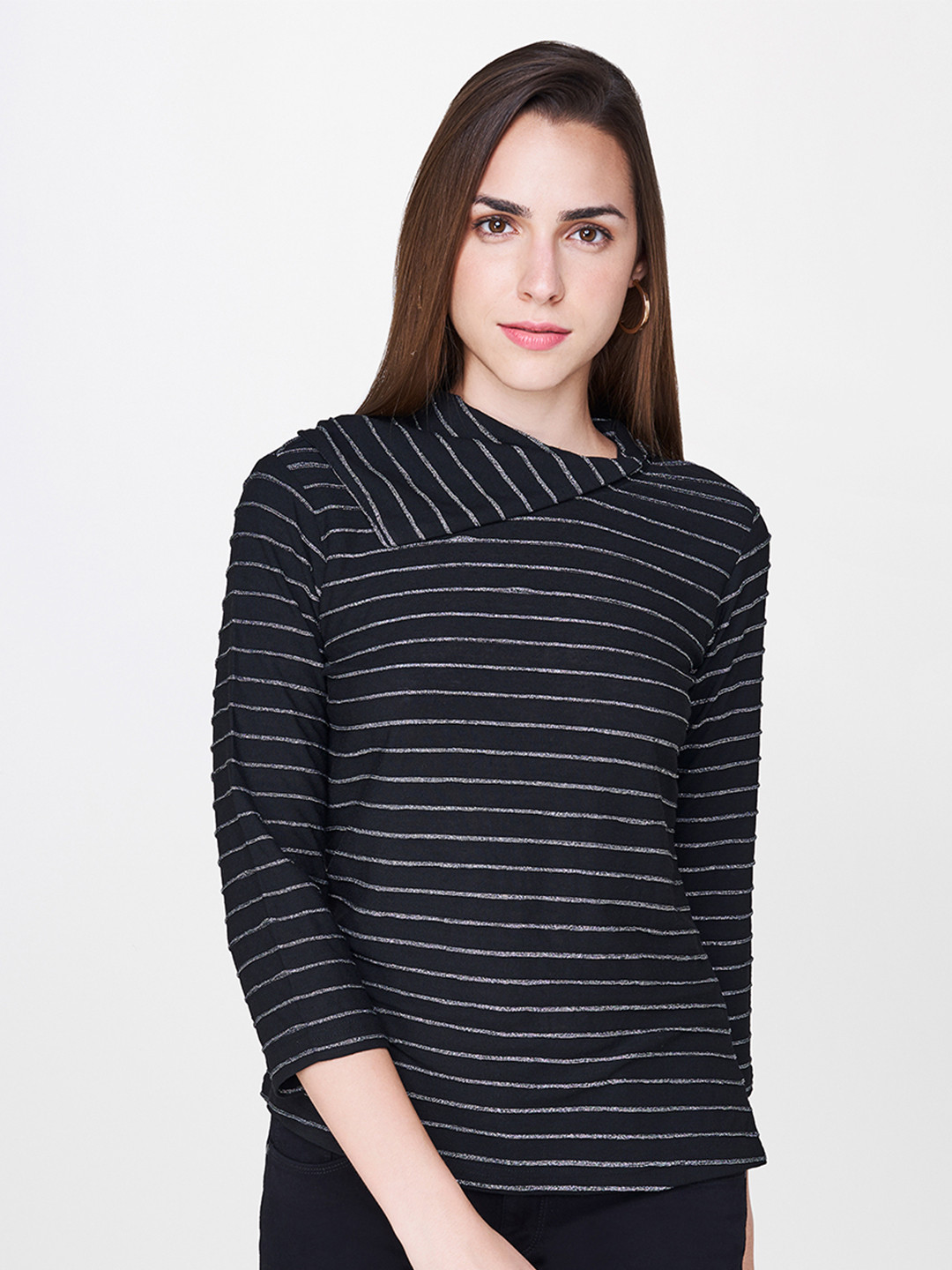 AND Black & Silver-Toned Stylized Neck Striped Top 
AND Black & Silver-Toned Stylized Neck Striped Top