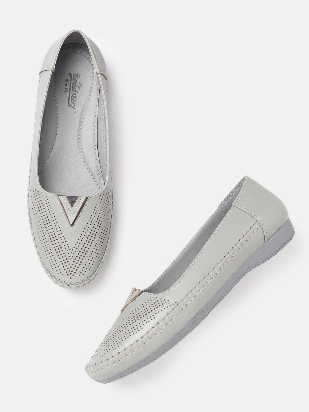 Roadster Women Grey Perforated Ballerinas with Metallic Detail